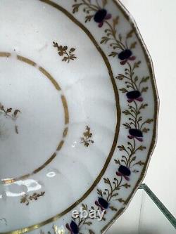 Antique English Tea Cup & Saucer Wrythen Moulded, Blue, Purple & Gilt 18thC