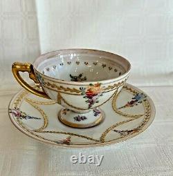 Antique Fine Helena Wolfson Dresden Flowers & Gold porcelain Tea Cup & Saucer