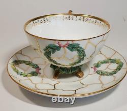 Antique French Empire Old Paris Porcelain Cup Saucer Green Wreath in Relief Gilt