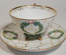 Antique French Empire Old Paris Porcelain Cup Saucer Green Wreath in Relief Gilt