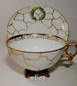 Antique French Empire Old Paris Porcelain Cup Saucer Green Wreath in Relief Gilt