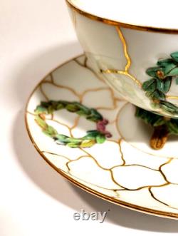 Antique French Empire Old Paris Porcelain Cup Saucer Green Wreath in Relief Gilt