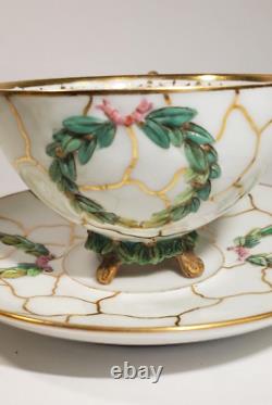 Antique French Empire Old Paris Porcelain Cup Saucer Green Wreath in Relief Gilt