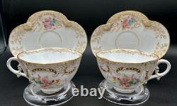 Antique French Sarreguemines Quatrefoil Cups and Saucers Gold Filigree Flowers