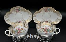 Antique French Sarreguemines Quatrefoil Cups and Saucers Gold Filigree Flowers