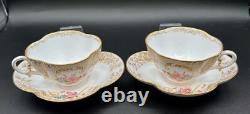Antique French Sarreguemines Quatrefoil Cups and Saucers Gold Filigree Flowers