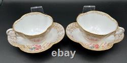 Antique French Sarreguemines Quatrefoil Cups and Saucers Gold Filigree Flowers