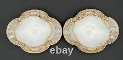 Antique French Sarreguemines Quatrefoil Cups and Saucers Gold Filigree Flowers