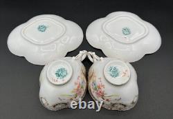 Antique French Sarreguemines Quatrefoil Cups and Saucers Gold Filigree Flowers