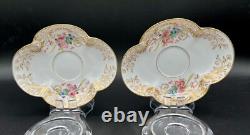 Antique French Sarreguemines Quatrefoil Cups and Saucers Gold Filigree Flowers