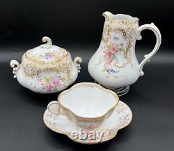Antique French Sarreguemines Quatrefoil Cups and Saucers Gold Filigree Flowers