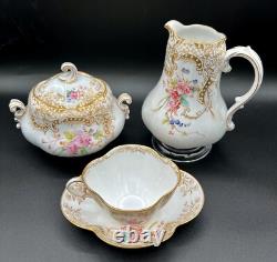 Antique French Sarreguemines Quatrefoil Cups and Saucers Gold Filigree Flowers