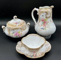 Antique French Sarreguemines Quatrefoil Cups and Saucers Gold Filigree Flowers