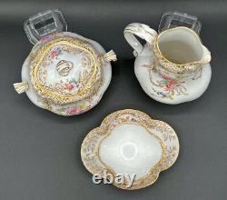 Antique French Sarreguemines Quatrefoil Cups and Saucers Gold Filigree Flowers