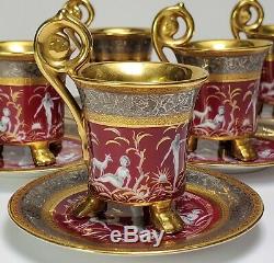 Antique German Decorator Studio Nymphs Gold/Silver Tone 6 Porcelain Cups Saucers