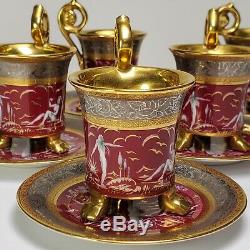 Antique German Decorator Studio Nymphs Gold/Silver Tone 6 Porcelain Cups Saucers