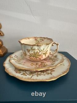 Antique Hammersley Blush Pink Gold Embossed Teacup Trio