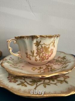 Antique Hammersley Blush Pink Gold Embossed Teacup Trio
