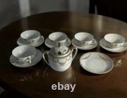 Antique Hand Painted Nippon Tea Set 13 Pc Gold Floral Garland Cups Saucers