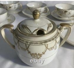 Antique Hand Painted Nippon Tea Set 13 Pc Gold Floral Garland Cups Saucers