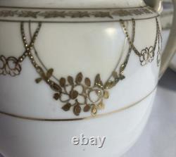 Antique Hand Painted Nippon Tea Set 13 Pc Gold Floral Garland Cups Saucers