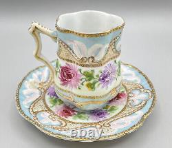 Antique Hand Painted Teacup & Saucer Heavy Enamel Floral Gold Design Nippon