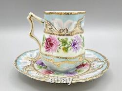 Antique Hand Painted Teacup & Saucer Heavy Enamel Floral Gold Design Nippon