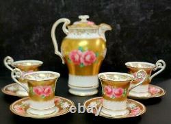 Antique Hanley Porcelain Hand Painted Roses Gold 4 Cups Saucers & Coffee Pot