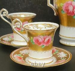 Antique Hanley Porcelain Hand Painted Roses Gold 4 Cups Saucers & Coffee Pot