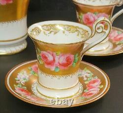 Antique Hanley Porcelain Hand Painted Roses Gold 4 Cups Saucers & Coffee Pot