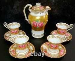 Antique Hanley Porcelain Hand Painted Roses Gold 4 Cups Saucers & Coffee Pot