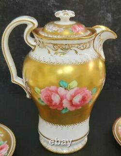 Antique Hanley Porcelain Hand Painted Roses Gold 4 Cups Saucers & Coffee Pot