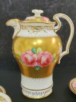 Antique Hanley Porcelain Hand Painted Roses Gold 4 Cups Saucers & Coffee Pot