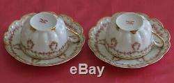 Antique Haviland Limoges 2 Cups & Saucers Pink Roses Double Gold