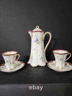 Antique Haviland Limoges Chocolate Pot Violets Gold Trim 2 Cups &saucers France