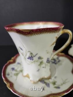 Antique Haviland Limoges Chocolate Pot Violets Gold Trim 2 Cups &saucers France