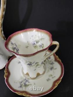 Antique Haviland Limoges Chocolate Pot Violets Gold Trim 2 Cups &saucers France