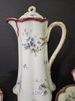 Antique Haviland Limoges Chocolate Pot Violets Gold Trim 2 Cups &saucers France