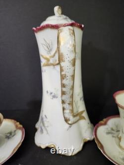 Antique Haviland Limoges Chocolate Pot Violets Gold Trim 2 Cups &saucers France