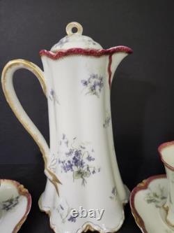 Antique Haviland Limoges Chocolate Pot Violets Gold Trim 2 Cups &saucers France