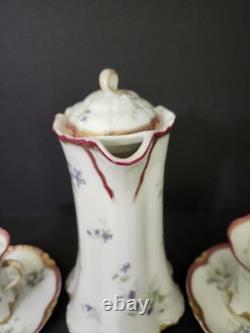 Antique Haviland Limoges Chocolate Pot Violets Gold Trim 2 Cups &saucers France