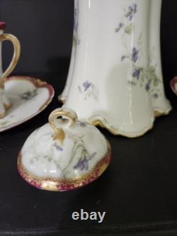 Antique Haviland Limoges Chocolate Pot Violets Gold Trim 2 Cups &saucers France