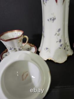 Antique Haviland Limoges Chocolate Pot Violets Gold Trim 2 Cups &saucers France