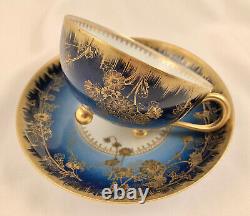 Antique Haviland Limoges Tea Cup Saucer, Nouveau, Cobalt Blue, Footed