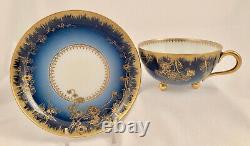 Antique Haviland Limoges Tea Cup Saucer, Nouveau, Cobalt Blue, Footed