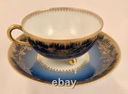 Antique Haviland Limoges Tea Cup Saucer, Nouveau, Cobalt Blue, Footed