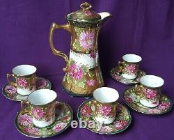 Antique Imperial Seto Yaki Okan Gold Moriage Chocolate Set Pot Cup Saucer Japan