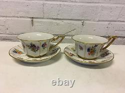 Antique Jean Pouyat Limoges France Porcelain Pair Cups & Saucers Floral Gold Dec