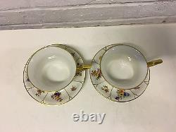 Antique Jean Pouyat Limoges France Porcelain Pair Cups & Saucers Floral Gold Dec