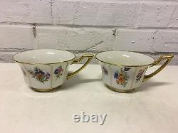 Antique Jean Pouyat Limoges France Porcelain Pair Cups & Saucers Floral Gold Dec